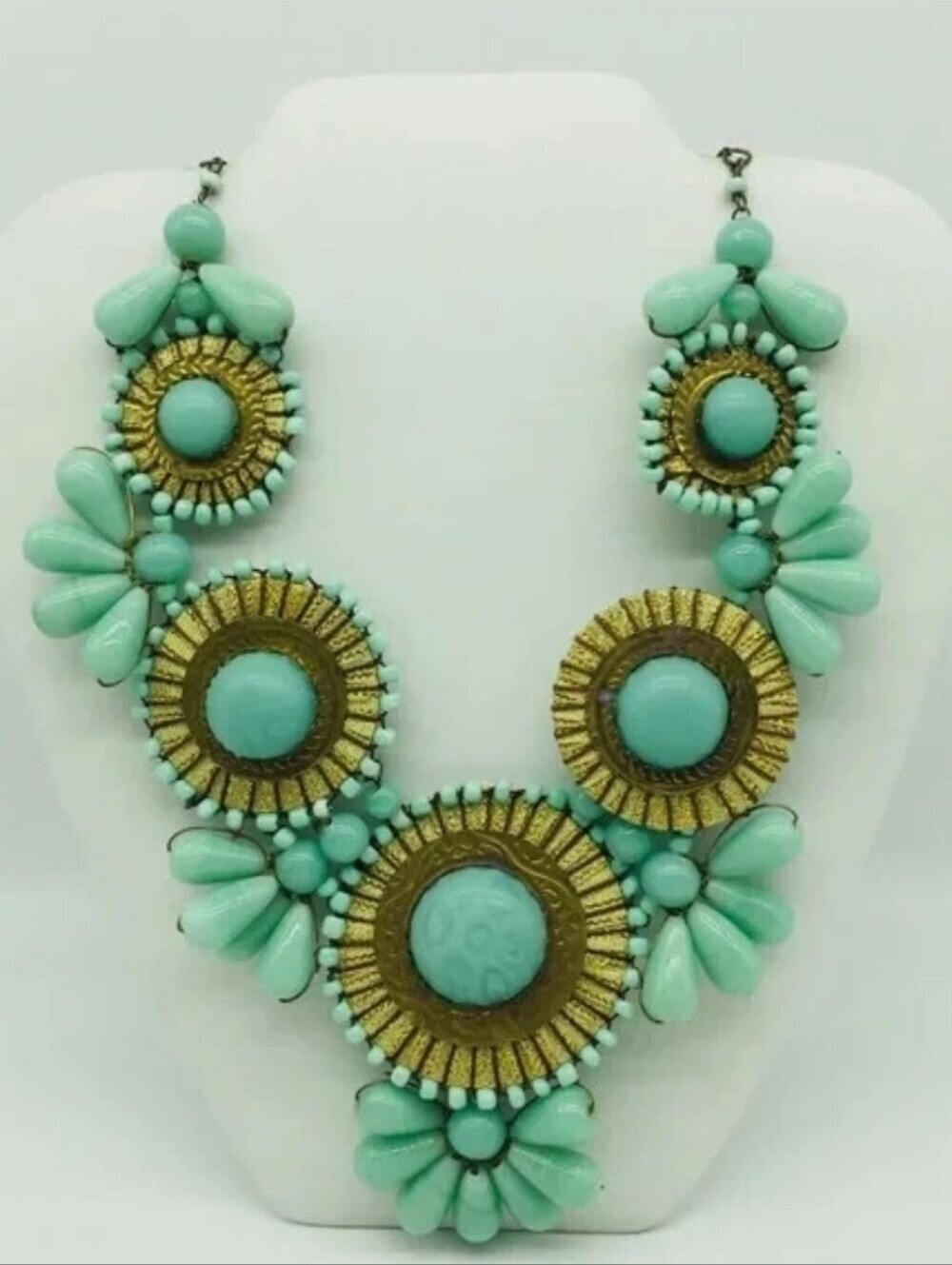 Vintage Turquoise Statement Bib Bubble Necklace - Gold Accents